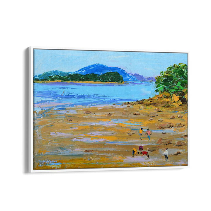 Vivid BEACH STORY II, BEACH PAINTINGS capturing a serene beach scene with people exploring the shore.