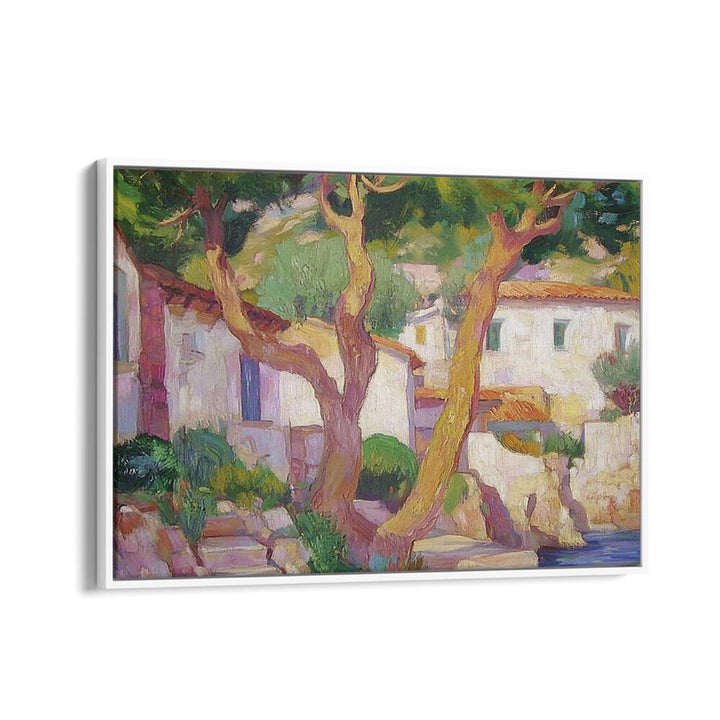 Serene artwork titled HOUSE BY THE WATER, perfect for enhancing your home decor with a waterfront vibe.