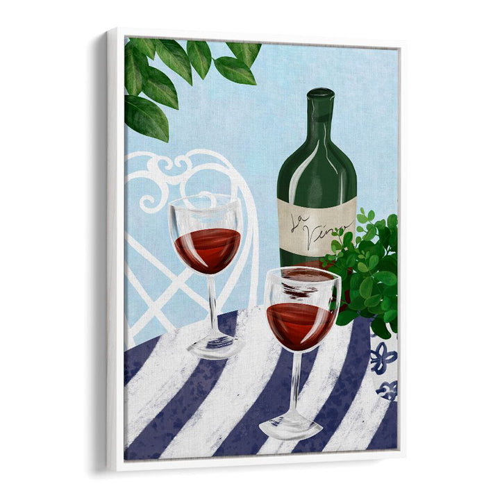 Art featuring RED WINE UNDER THE TREE, BAR & CAFE, showcasing glasses and a bottle on a stylish table.