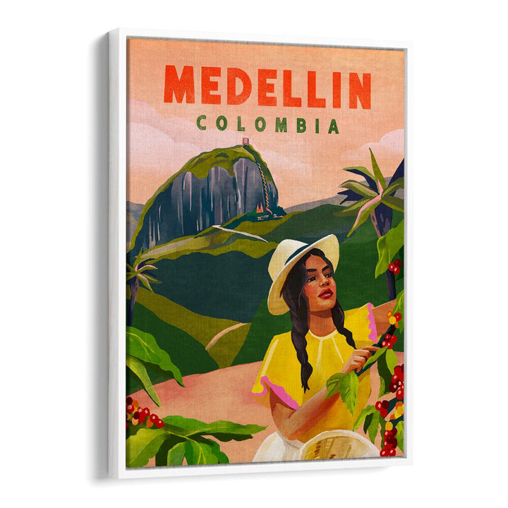 Vintage travel poster showcasing Medellin, Colombia, featuring vibrant illustrations of local culture and landscapes.