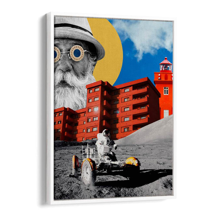 Surreal art print featuring a whimsical astronaut and a vibrant landscape, perfect for your collection of UNIVERSE, SURREAL ART PRINTS.