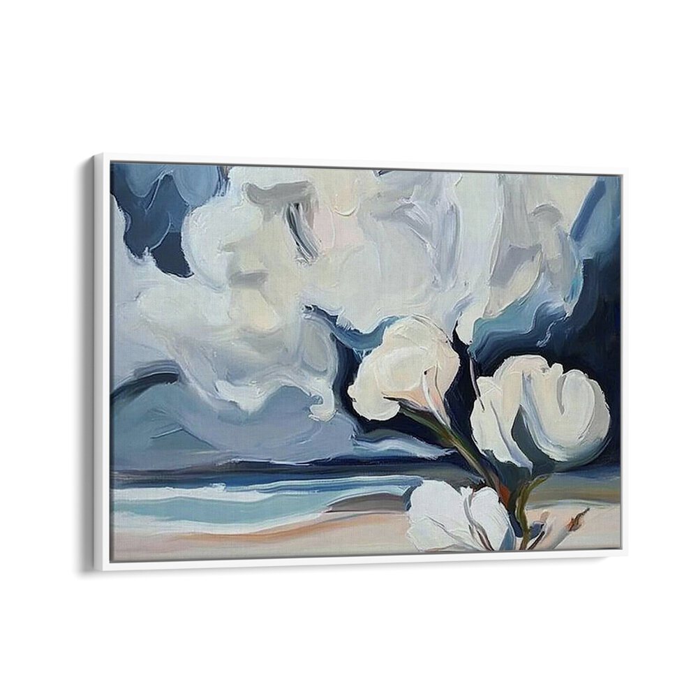 Stunning WHITE FLOWERS ON THE BEACH artwork captures delicate blooms against a serene sandy shore, enhancing your space.