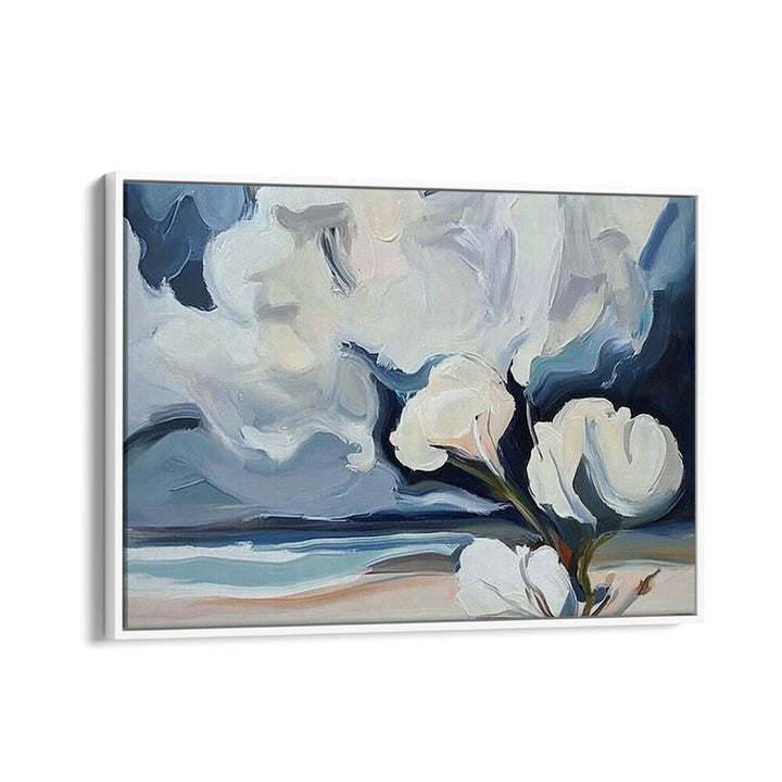 Stunning WHITE FLOWERS ON THE BEACH artwork captures delicate blooms against a serene sandy shore, enhancing your space.