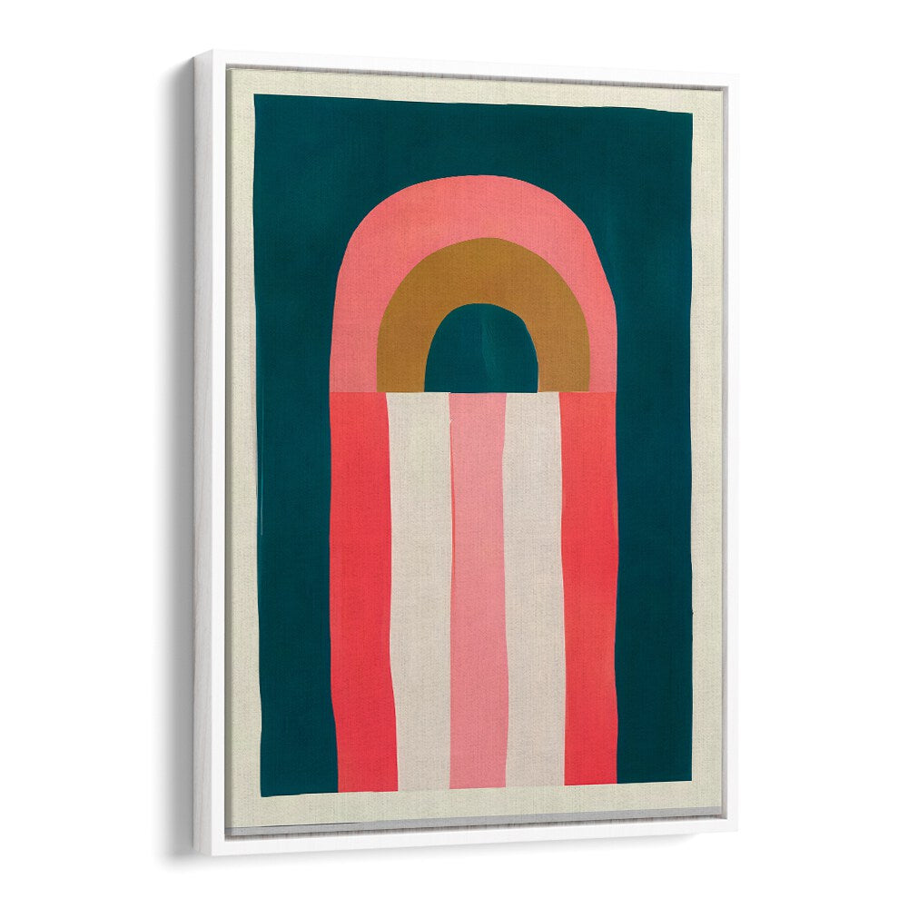 Golden Hour, Geometric Art Prints featuring bold arches and stripes in warm coral, pink, olive, and teal tones.