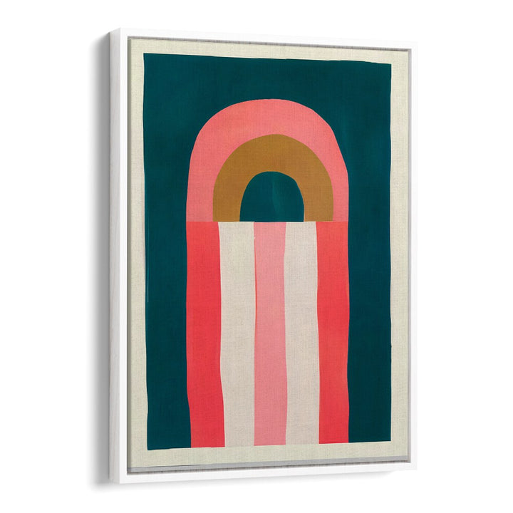 Golden Hour, Geometric Art Prints featuring bold arches and stripes in warm coral, pink, olive, and teal tones.