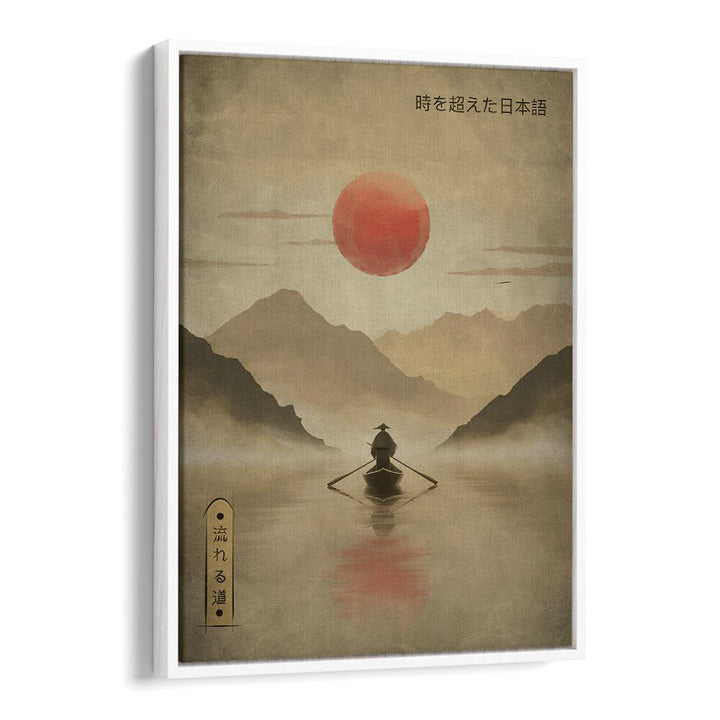 Serene artwork titled RIVER OF SOLITUDE, JAPANESE PAINTINGS, featuring a tranquil river scene at sunset.