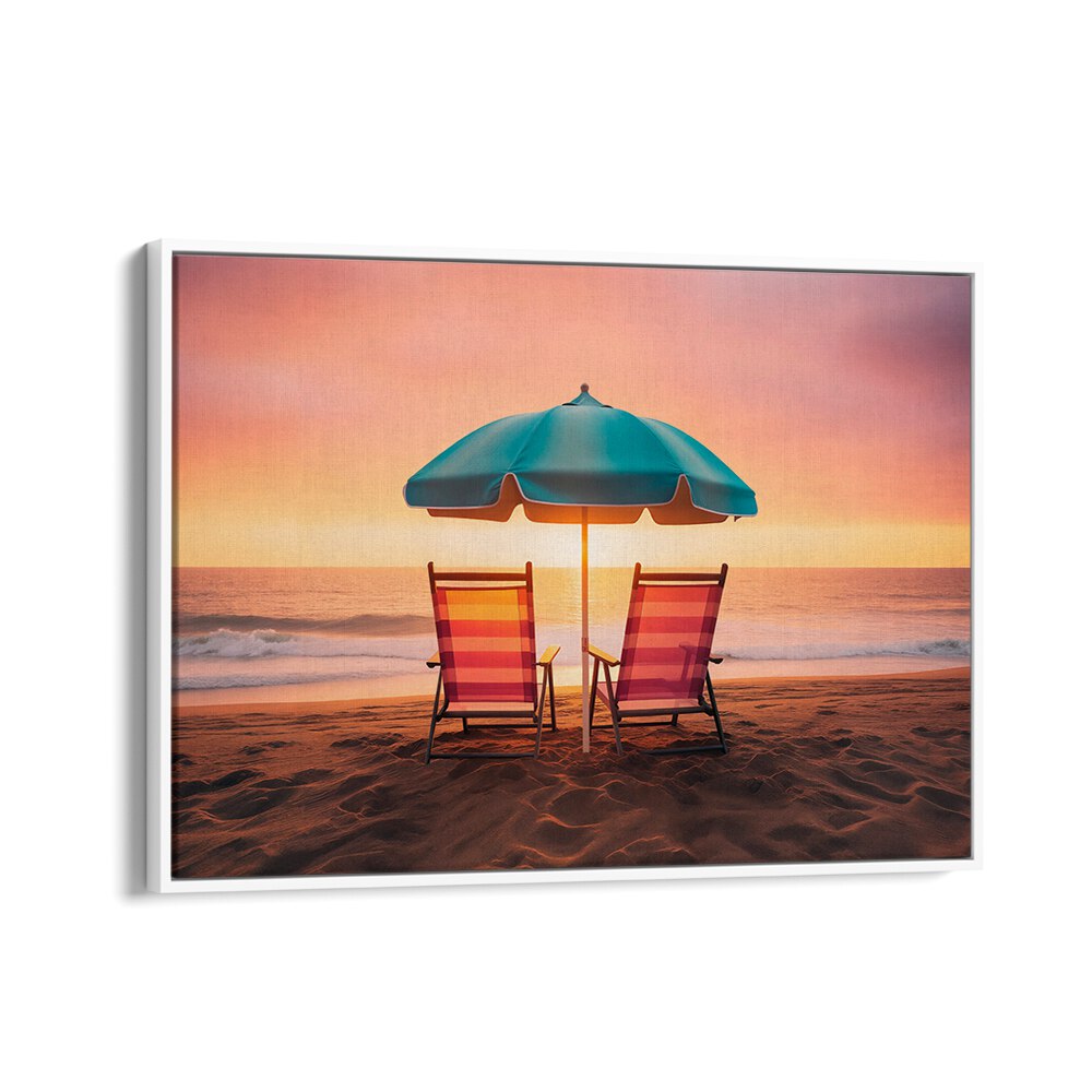 Relaxing chairs under a vibrant umbrella at the beach, showcasing our SUMMER SUNSET, BEACH PAINTINGS collection.