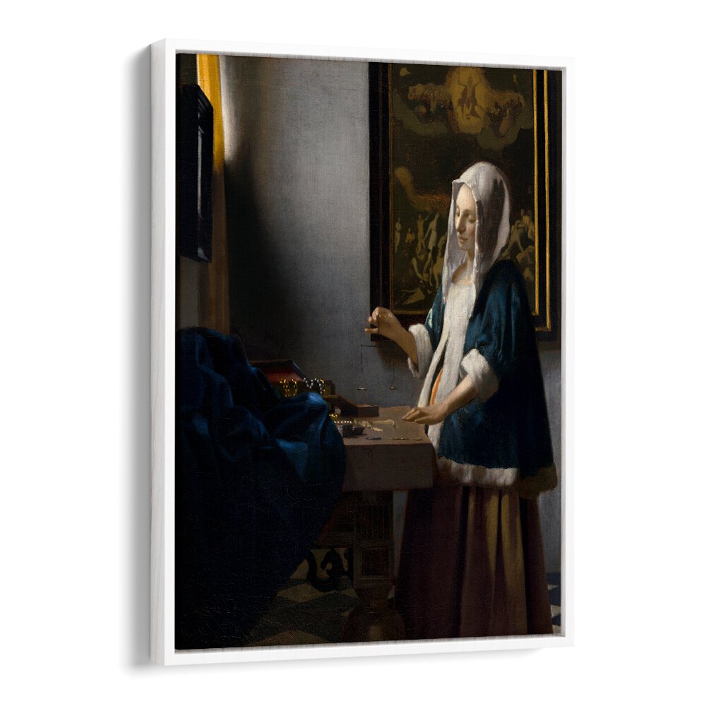 WOMAN HOLDING A BALANCE (CA. 1664)  BY JOHANNES VERMEER, VINTAGE PAINTINGS