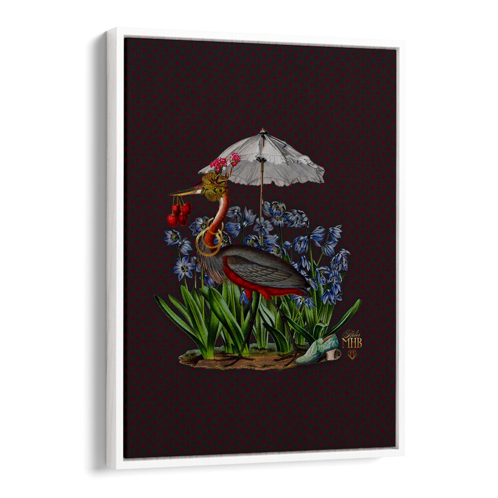 Whimsical ENCHANTED FOREST I, ANIMAL PAINTINGS featuring a heron with flowers and an umbrella, perfect for nature lovers.