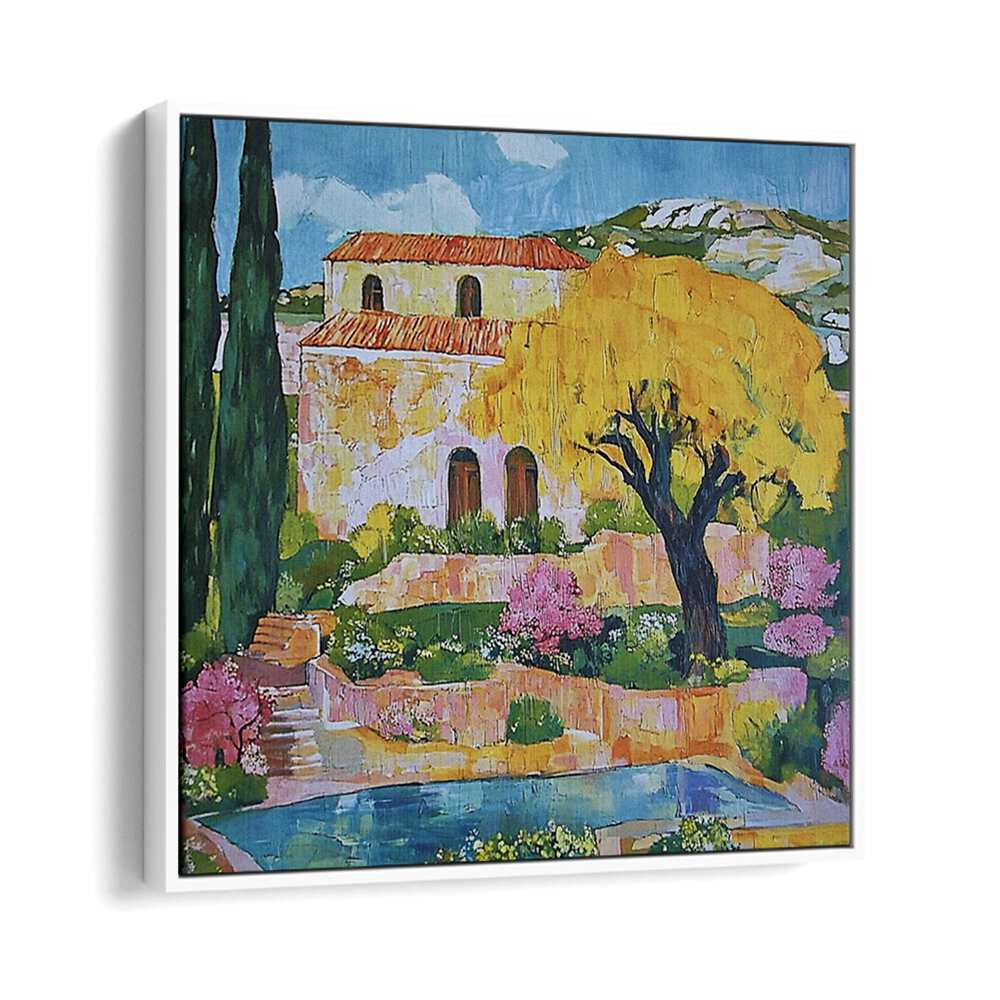 Vibrant artwork of a HOUSE BY THE POOL, showcasing luxury living and serene outdoor elegance. Perfect for any decor.