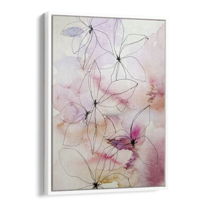 Beautiful WHISPER PETALS I, FLORAL FLOWER PAINTINGS featuring delicate floral outlines and soft watercolor hues.