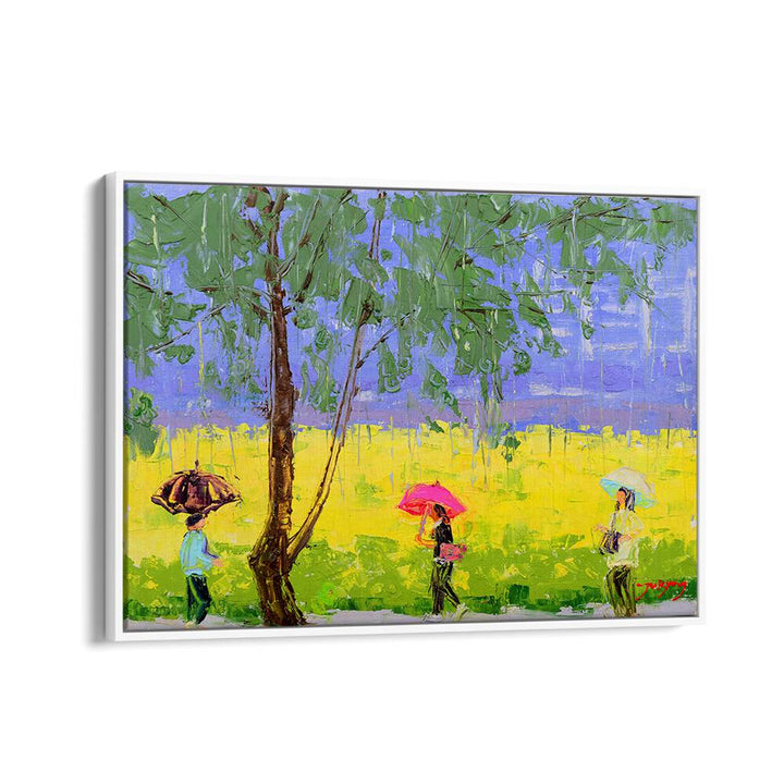 Vibrant RAPE FLOWER RAINY DAY, INDIAN ART PAINTINGS capture a serene landscape with colorful umbrellas and lush greenery.