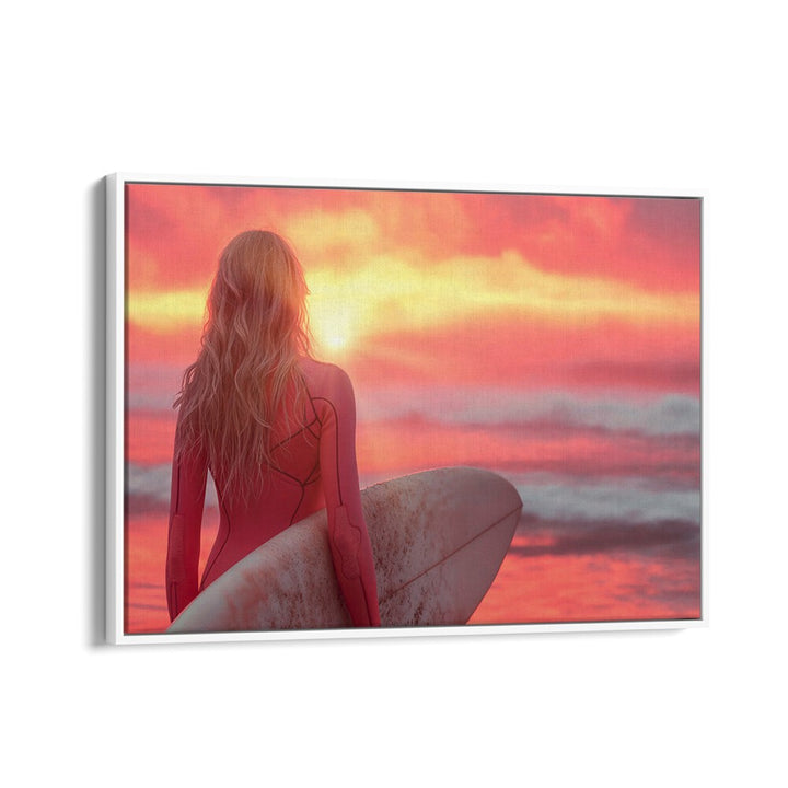 Surfer gazes at a vibrant sunset, embodying SURFSIDE ELEGANCE, BEACH PAINTINGS by Philippe Hugonnard.