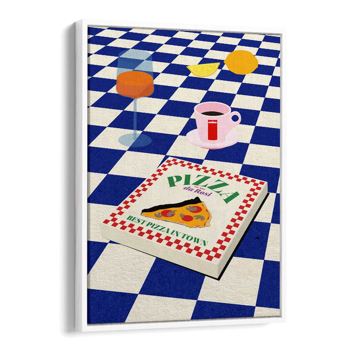 Colorful pizza art featuring drinks on a checkered floor, celebrating THE ITALIAN MENU, BAR & CAFE style.
