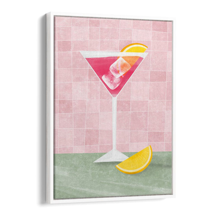 Colorful PINK COCTAIL, BAR & CAFE ART featuring a vibrant martini with lemon and ice, perfect for bar decor.