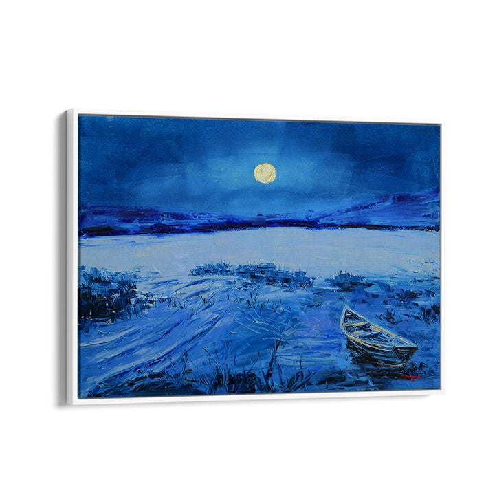 Serene FULL MOON, LANDSCAPE PAINTINGS featuring a tranquil night scene with a boat on calm waters.