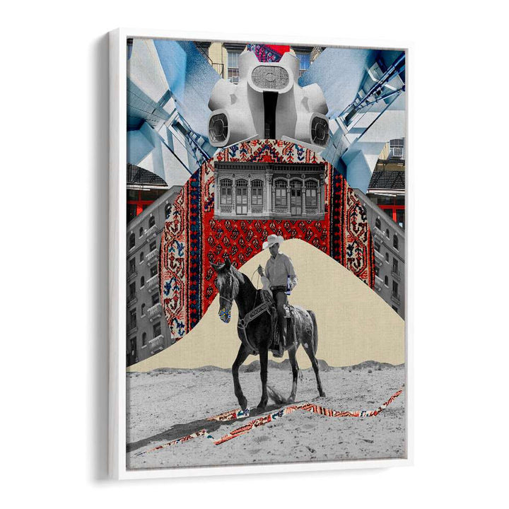 Surreal art print featuring a horseman against a vibrant backdrop, perfect for art lovers seeking unique decor. HORSEMAN, SURREAL ART PRINTS.