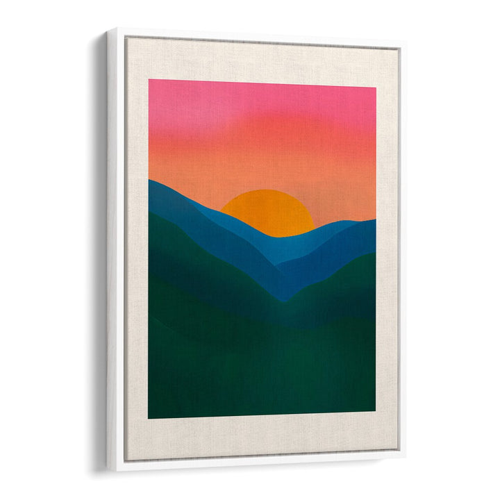 ECHO, LANDSCAPE PAINTINGS showcasing a vibrant sunset over layered blue and green hills, adding calm to your decor.