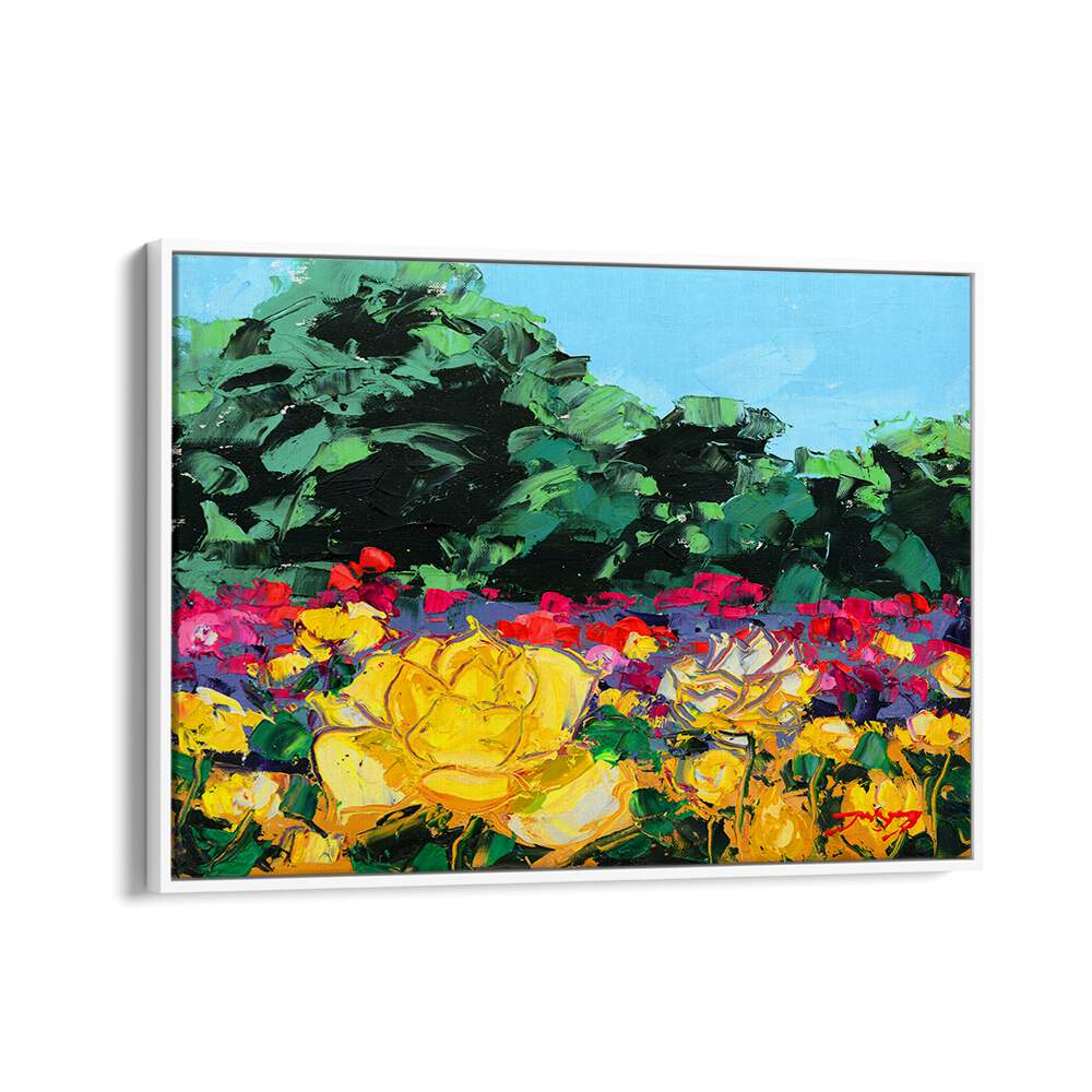 Vibrant WILD ROSE CANVAS, FLORAL FLOWER PAINTINGS featuring colorful blooms against a clear sky backdrop.