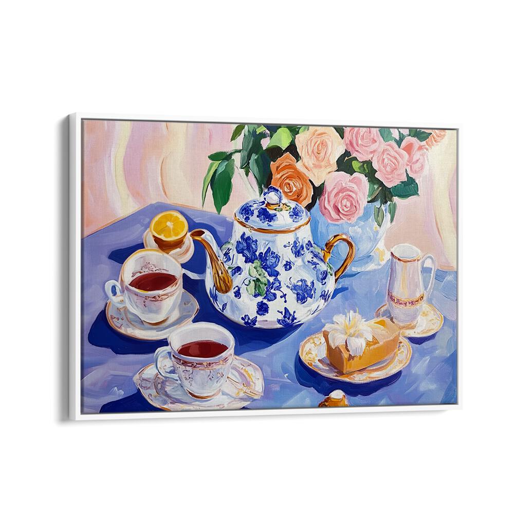 Elegant AFTERNOON TEA TABLE, KITCHEN POSTERS featuring a beautiful tea set and floral details, perfect for gatherings.