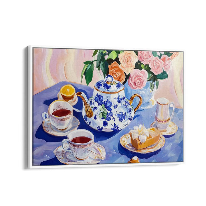 Elegant AFTERNOON TEA TABLE, KITCHEN POSTERS featuring a beautiful tea set and floral details, perfect for gatherings.