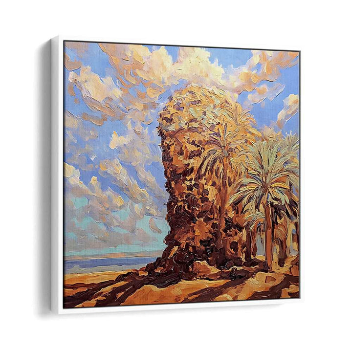 Vibrant painting of palm trees under a serene sky, embodying the essence of PALMS BY THE SEA for your home décor.