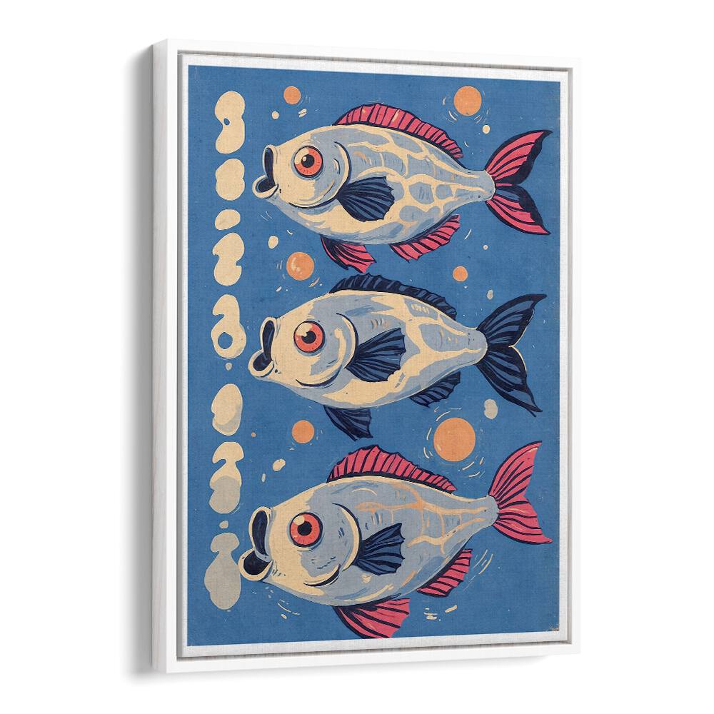 Colorful fish swim against a blue background in OCEANIC LIFE - FISHES II, BEACH PAINTINGS collection. Perfect for sea lovers!