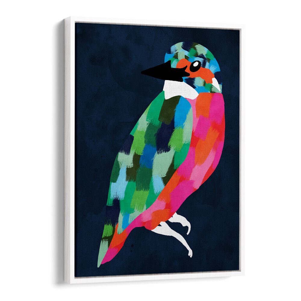 Vibrant PATCHWORK PERFECTION, ANIMAL PAINTINGS artwork showcasing a colorful bird against a dark background.