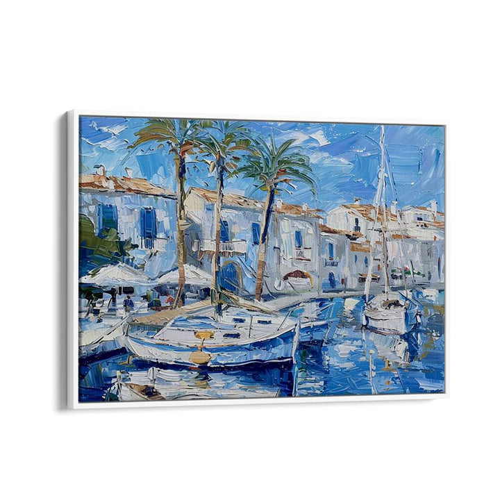 Vibrant artwork titled BOATS IN THE HARBOR, showcasing serene maritime life and tranquil coastal beauty.