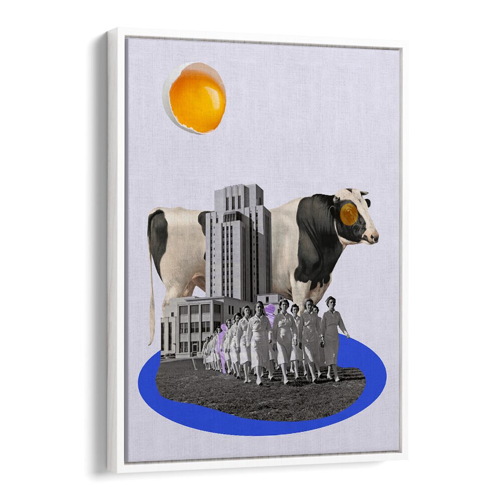 Whimsical COW IN THE CITY, SURREAL ART PRINTS blending urban and rustic charm for unique home decor.