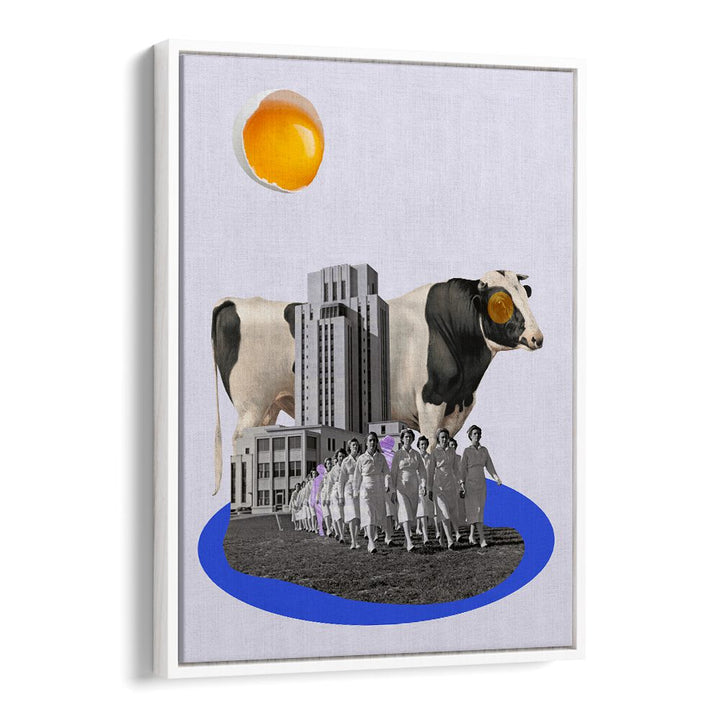 Whimsical COW IN THE CITY, SURREAL ART PRINTS blending urban and rustic charm for unique home decor.