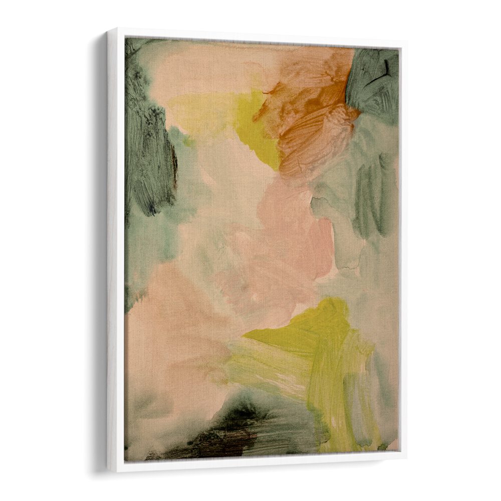 Abstract painting titled "UNDER THE TREES," featuring soft colors and dynamic brushstrokes for a serene vibe.