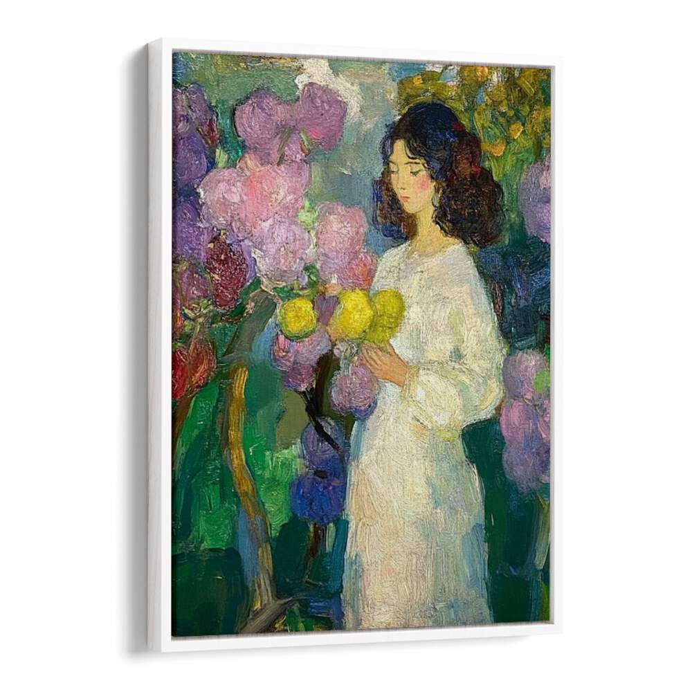 GIRL IN THE GARDEN artwork, showcasing a serene woman surrounded by vibrant flowers, perfect for any space.