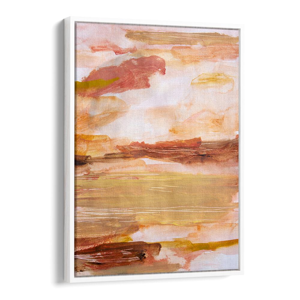 Colorful abstract painting titled "DESERT SKIES, ABSTRACT PAINTINGS," featuring warm earthy tones and soft textures.