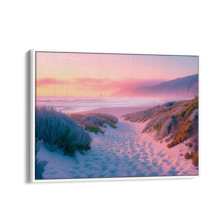 Serene SUNSET SAND PATH, BEACH PAINTINGS capturing a tranquil beach at sunset, perfect for home decor by Philippe Hugonnard.