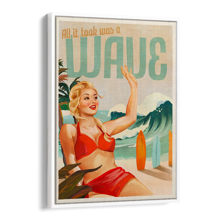 SURFING PINUP GIRL ON BEACH IN BIKINI BY THE WHISKEY GINGER , WOMEN ILLUSTRATION PAINTINGS