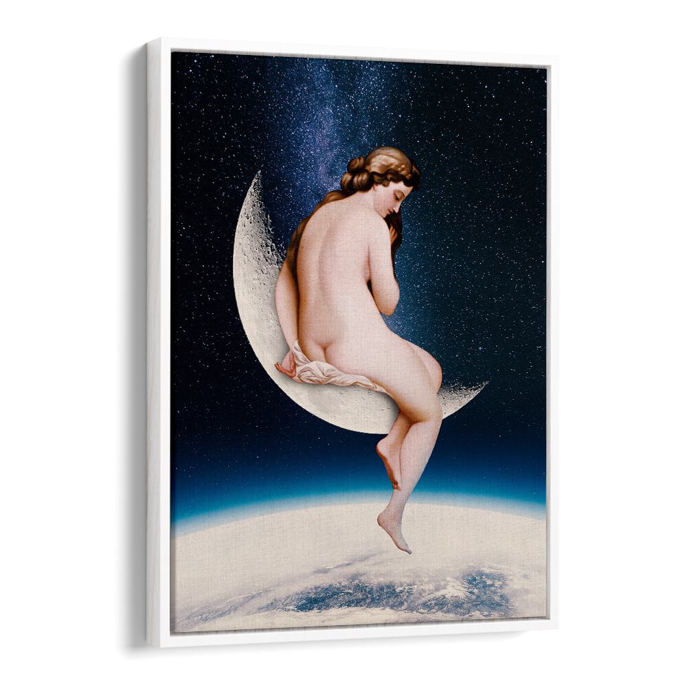 Whimsical MOONWATCHER, ALTERED ART PRINTS showcasing a figure on a crescent moon against a starry background.