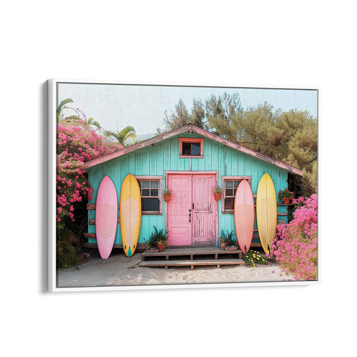 Vibrant PARADISE LOST, BEACH PAINTINGS showcasing a charming beach house adorned with colorful surfboards and flowers.