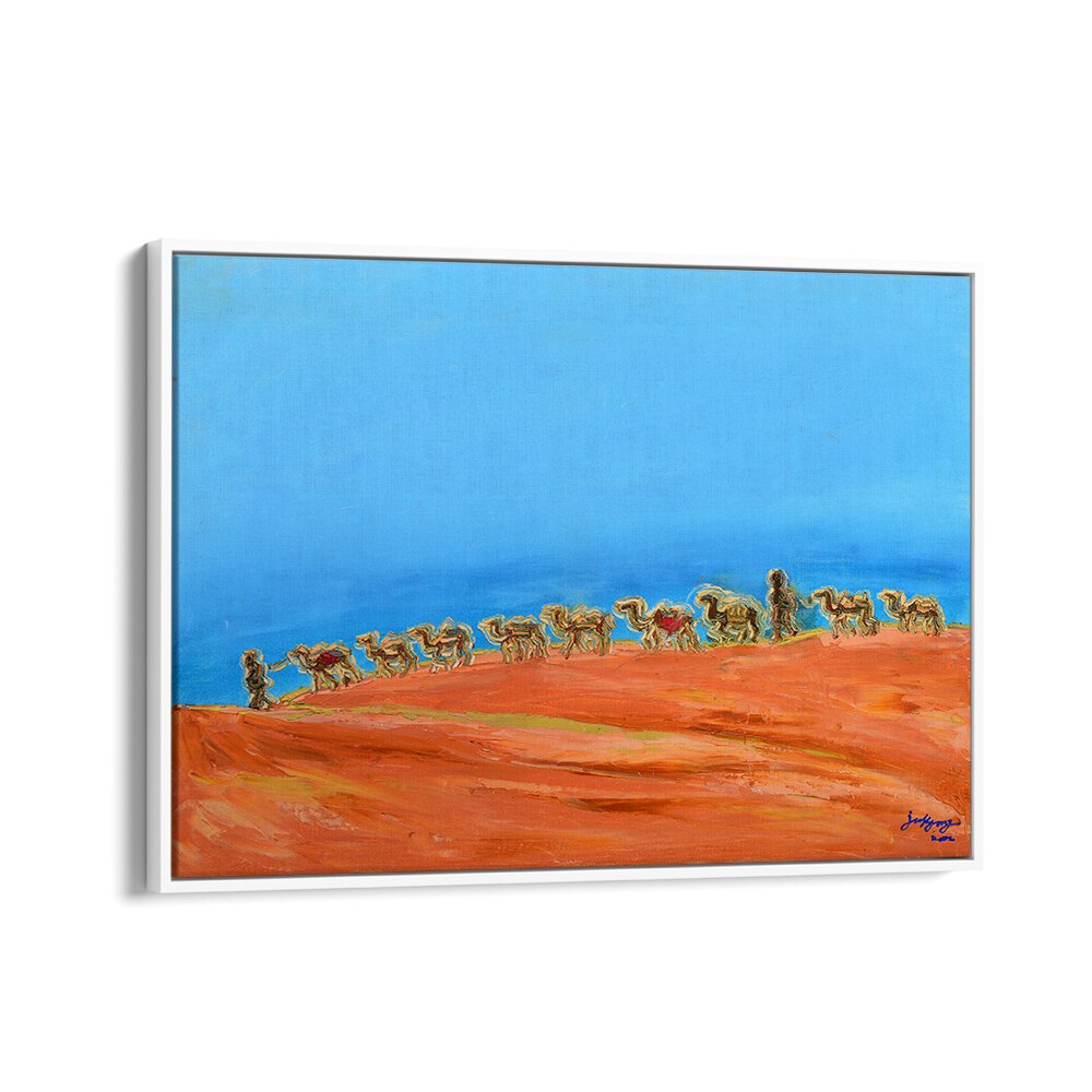 Vibrant landscape painting featuring camels against a blue sky, perfect for enhancing any space. CAMELS, LANDSCAPE PAINTINGS.