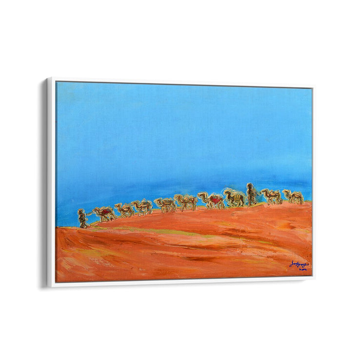 Vibrant landscape painting featuring camels against a blue sky, perfect for enhancing any space. CAMELS, LANDSCAPE PAINTINGS.