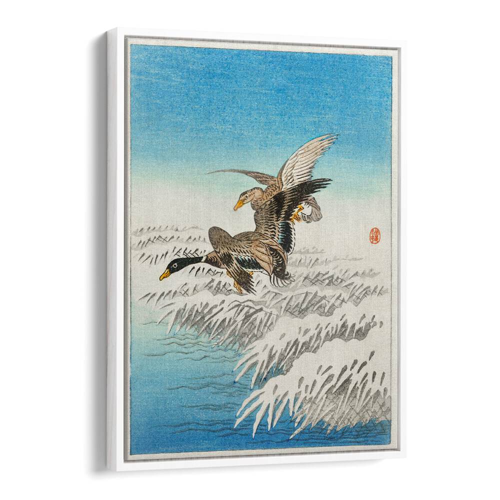 PAIR OF DUCKS FLYING OVER SNOWY REED COLLAR (1900 - 1945) , JAPANESE PAINTINGS , JAPANESE ART PRINTS