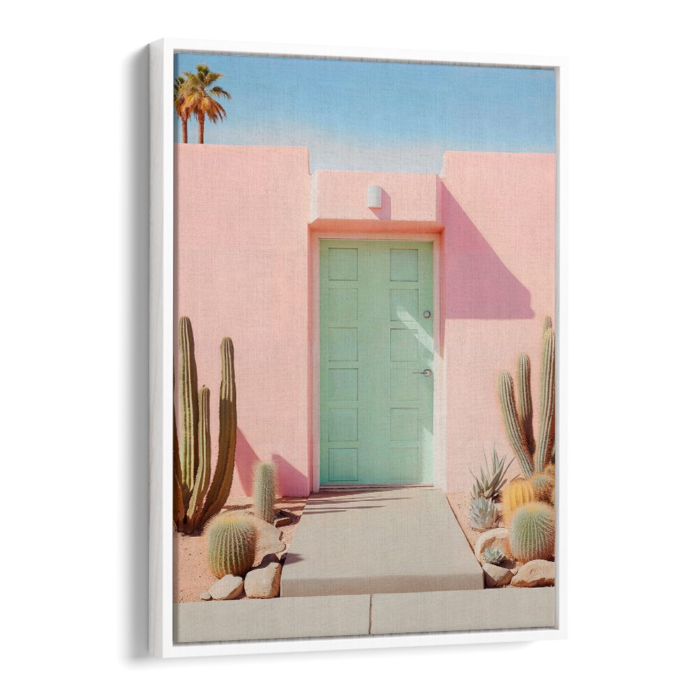 Vibrant pastel door framed by cacti, showcasing the PASTEL PALM SPRINGS, BEACH PAINTINGS collection by Philippe Hugonnard.
