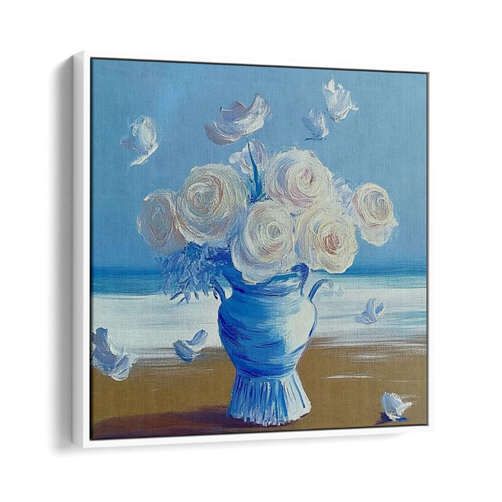 Elegant BLUE ROSES ON THE BEACH centerpiece, blending nature and artistry for a stunning decor addition.