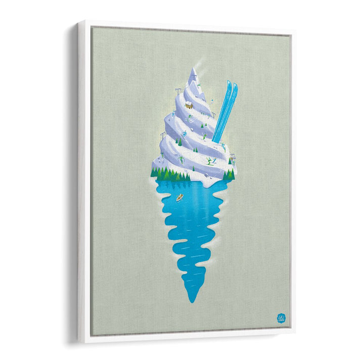 Whimsical art of SKU SUNDAE, BAR featuring a snowy mountain scene with blue water, perfect for dessert lovers.