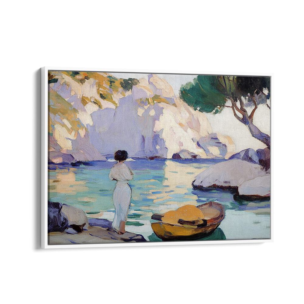 Serenity captured in art, featuring a WOMAN IN A BOAT navigating tranquil waters, perfect for elegant spaces.