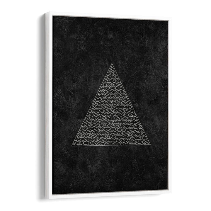 Stylish PYRAMID MAZE ESCAPE, GEOMETRIC ART PRINTS featuring intricate patterns on a black background for modern decor.