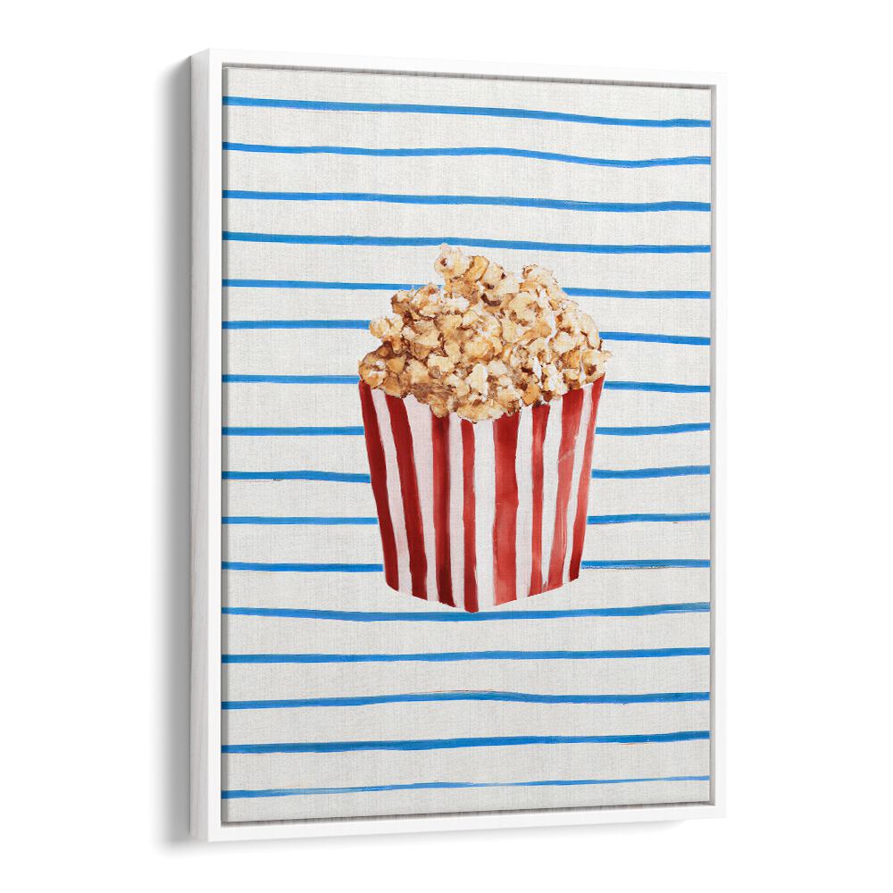 POPCORN TIME , BAR artwork with red striped popcorn box on blue striped background in modern cafe style