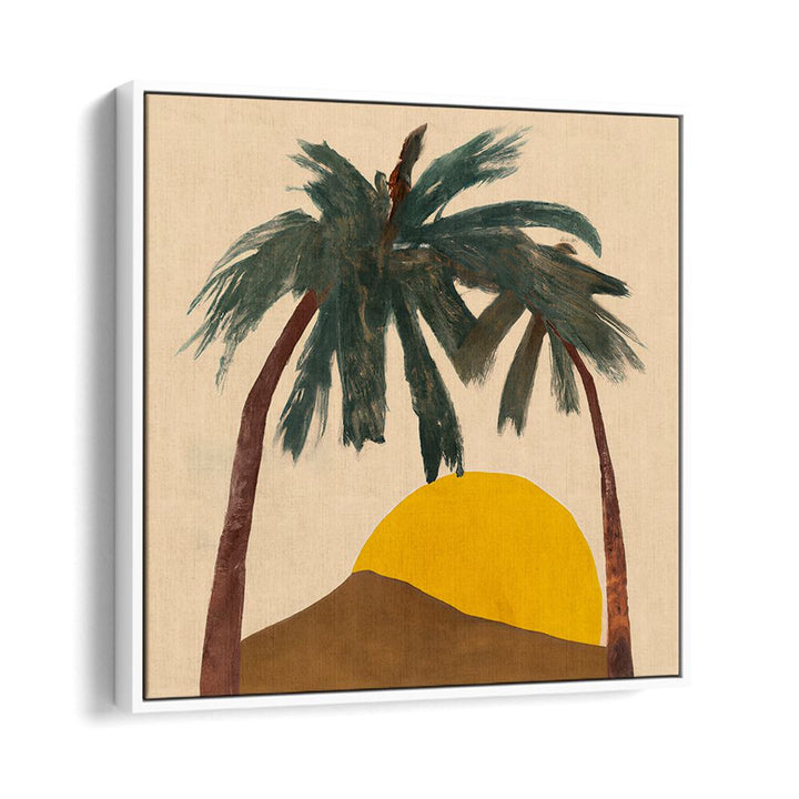 ARCHY PALMS , BEACH PAINTINGS featuring abstract palm trees and sunset in warm tones, adding coastal charm to your space.