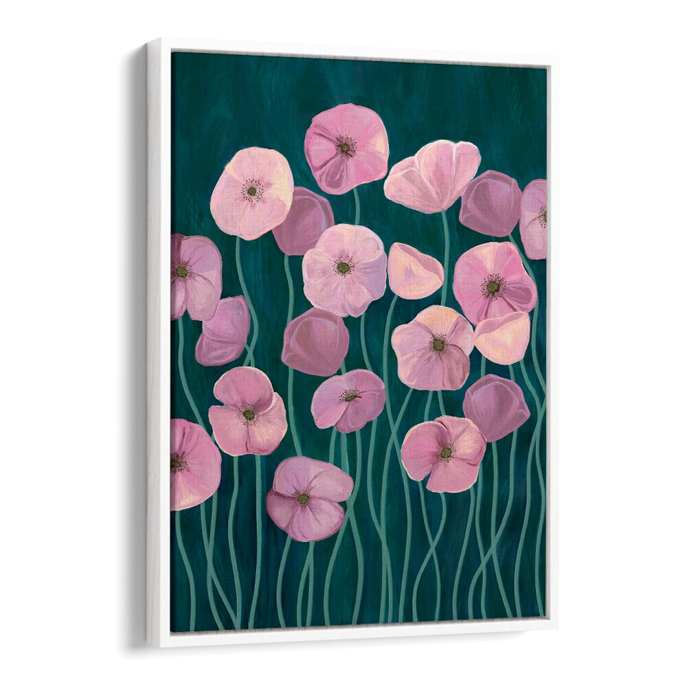Vibrant PINK POPPIES II, FLORAL FLOWER PAINTINGS showcasing delicate pink blooms against a dark teal background.