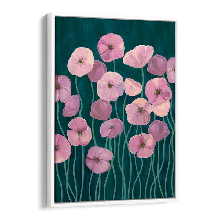 Vibrant PINK POPPIES II, FLORAL FLOWER PAINTINGS showcasing delicate pink blooms against a dark teal background.